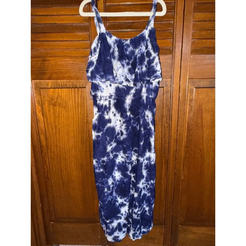 Justice Girls Blue Tie Dye Jumpsuit Ruffle Wide Leg Pocket Romper Size S 7/8